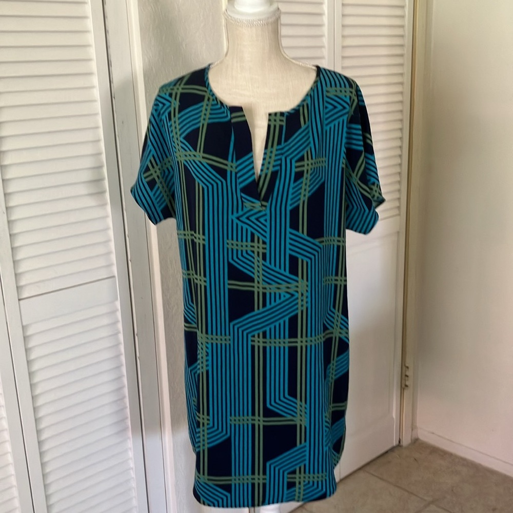 Halogen Navy, dress size LP Geometric Abstract lines in teal and moss green - Picture 2 of 6